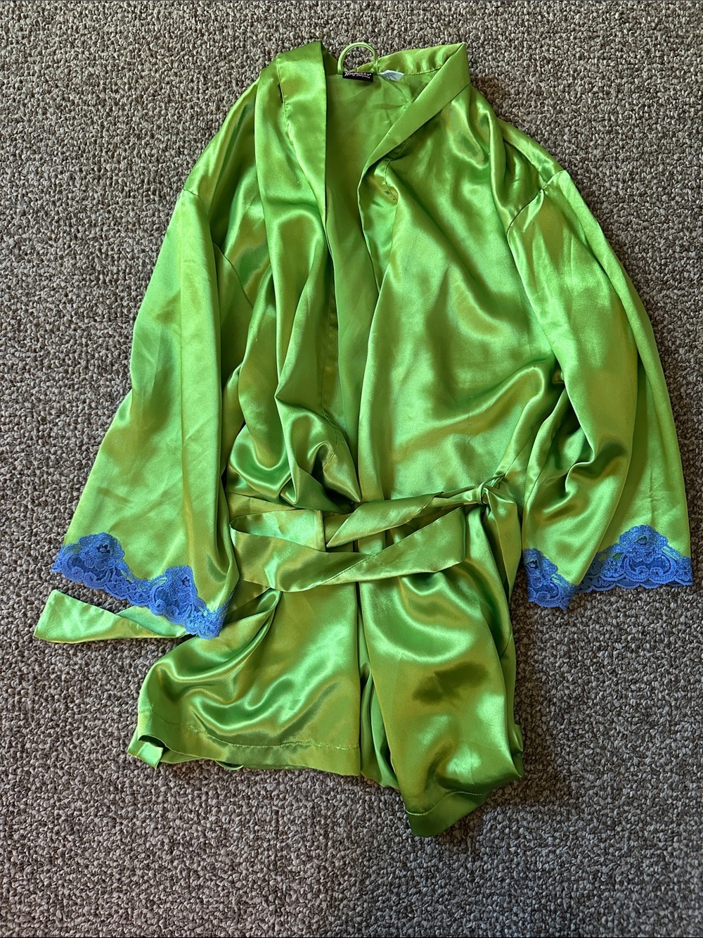 Fredrick's Hollywood Silky Lime Green Satin Robe with Blue Lace Trim